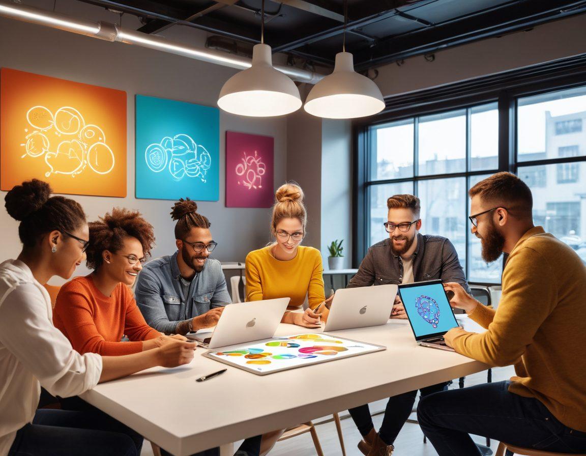 A diverse group of creative individuals collaborating around a digital table, sharing ideas and content on laptops and tablets, with vibrant thought bubbles representing creativity and innovation above their heads. The setting is a modern, bright coworking space filled with art and technology. Emphasize connection and collaboration in a lively, engaging atmosphere. digital illustration. vibrant colors.