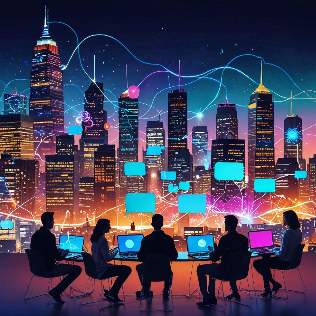 A lively digital landscape showcasing diverse individuals connected through glowing threads symbolizing peer-to-peer blogging, with vibrant community hubs emerging from each connection. Include elements like laptops, speech bubbles, and interacting users. Surrounding the scene, a futuristic skyline represents the vastness of digital possibilities. super-realistic. vibrant colors. 3D.