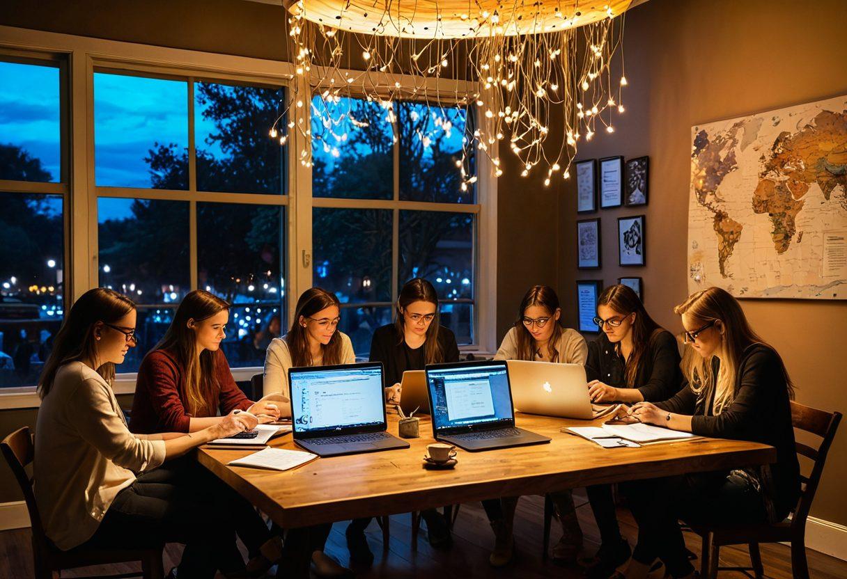 A dynamic scene depicting diverse writers gathered around a large table with laptops, papers, and coffee cups. Above them, colorful threads connect their ideas in the form of light strands, showcasing collaboration and creativity. A digital map of blogs and social media platforms is visible in the background, symbolizing interconnectedness. Soft lighting to create a warm, inviting atmosphere. super-realistic. vibrant colors. 3D.